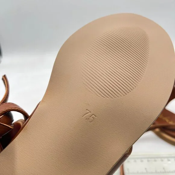 XYD Brown Open Toe Metal Gold Hardware Flip Flops Ankle Wrap Lace-up Flat Sandal - Picture 6 of 8